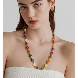 Vintage Multicolor Beaded Necklace Swirl Glass Style Long Chunky Statement